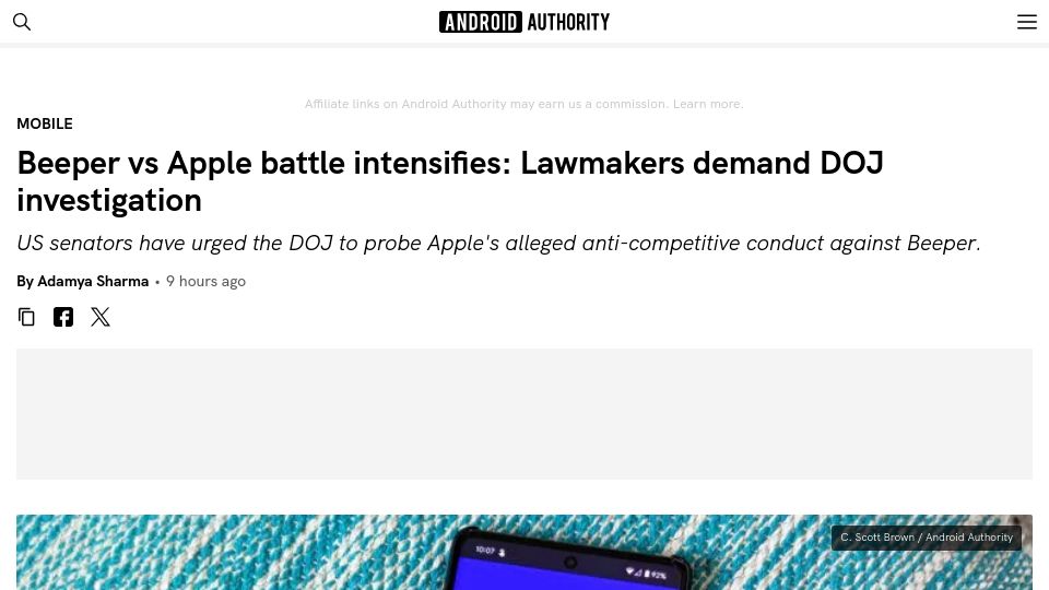 Screenshot of androidauthority.com: Beeper vs. Apple battle intensifies: Lawmakers demand DOJ investigation