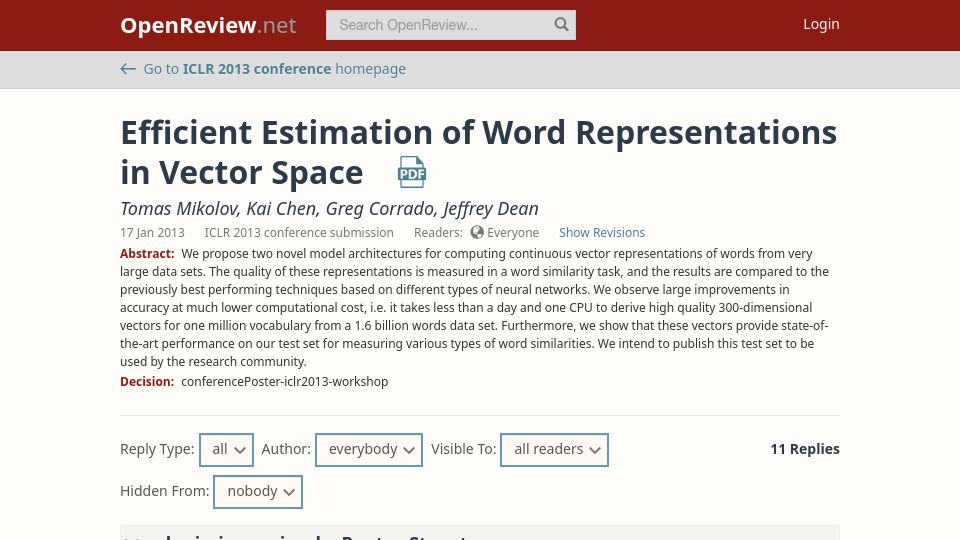 Screenshot of openreview.net: Word2Vec received 'strong reject' four times at ICLR2013