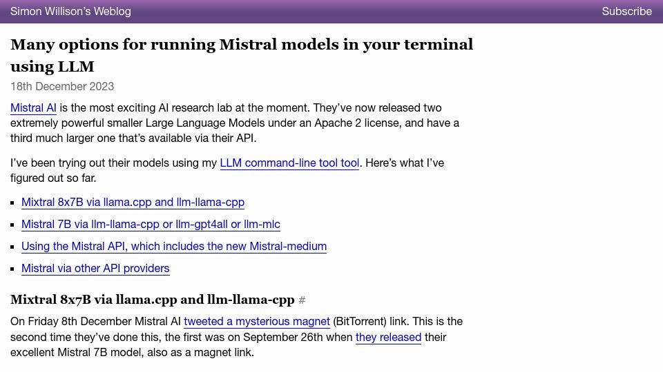 Screenshot of simonwillison.net: Many options for running Mistral models in your terminal using LLM