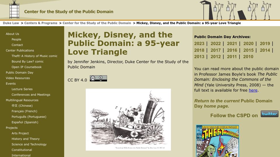 Screenshot of web.law.duke.edu: Mickey, Disney, and the public domain: A 95-year love triangle