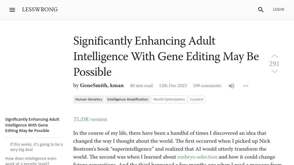 Screenshot of lesswrong.com: Significantly Enhancing Adult Intelligence with Gene Editing May Be Possible