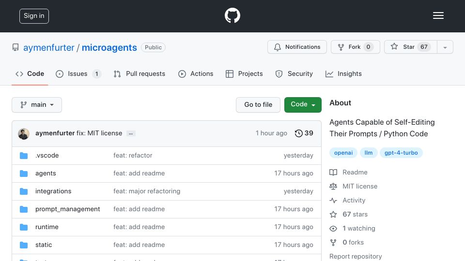 Screenshot of github.com: Show HN: Microagents: Agents capable of self-editing their prompts / Python code