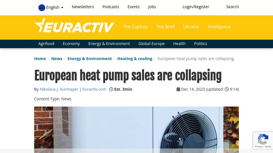 Screenshot of euractiv.com: European heat pump sales are collapsing