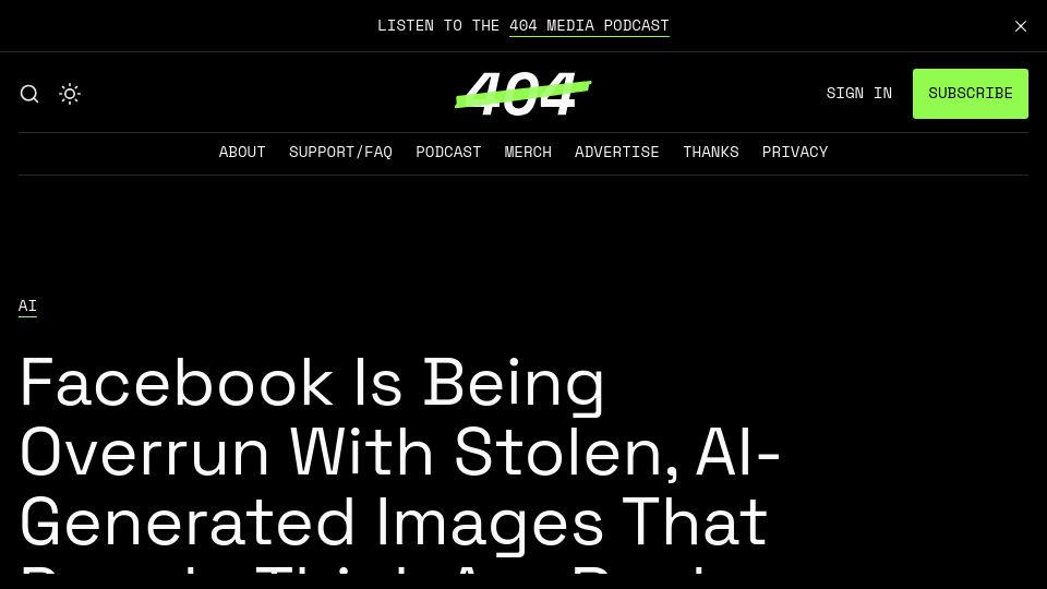 Screenshot of 404media.co: Facebook Is Being Overrun with Stolen, AI-Gen Images That People Think Are Real