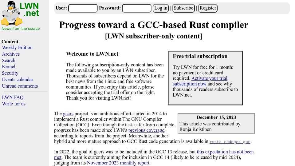 Screenshot of lwn.net: Progress toward a GCC-based Rust compiler