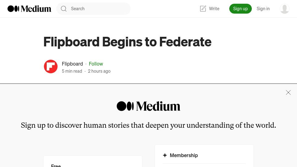 Screenshot of flipboard.medium.com: Flipboard Begins to Federate