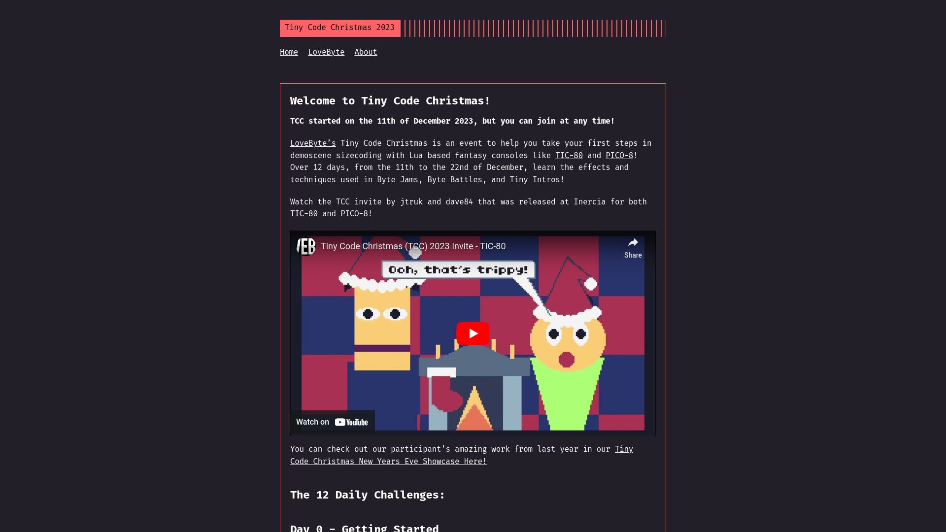 Screenshot of tcc.lovebyte.party: Tiny Code Christmas