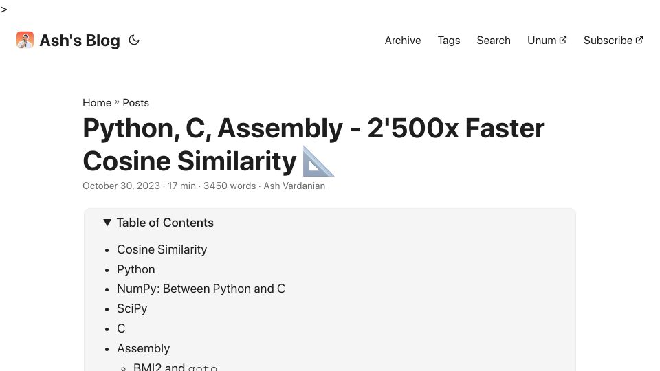 Screenshot of ashvardanian.com: Python, C, Assembly – Faster Cosine Similarity
