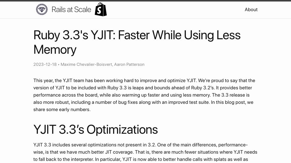 Screenshot of railsatscale.com: Ruby 3.3's YJIT: Faster While Using Less Memory