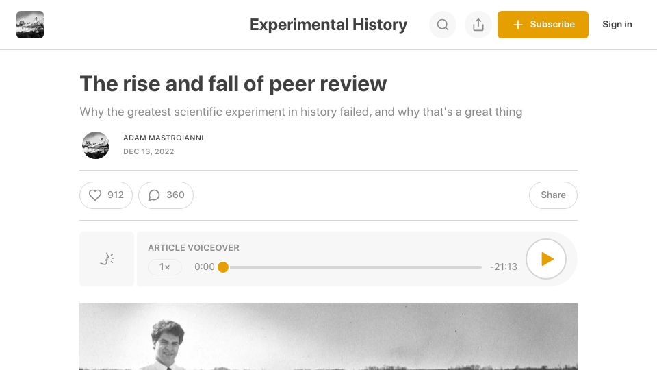 Screenshot of experimental-history.com: The rise and fall of peer review