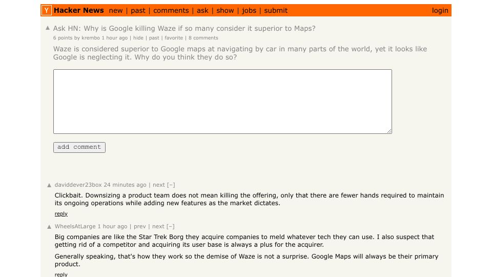 Screenshot of Hacker News post: Ask HN: Why is Google killing Waze if so many consider it superior to Maps?