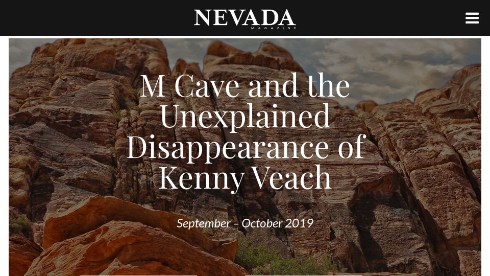 Screenshot of nevadamagazine.com: M Cave and the Unexplained Disappearance of Kenny Veach (2019)