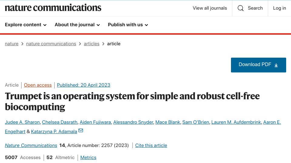 Screenshot of nature.com: Trumpet is an operating system for simple and robust cell-free biocomputing