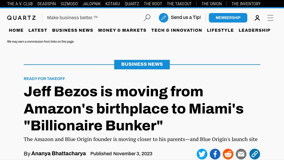 Screenshot of qz.com: Jeff Bezos moves to bunker leaving his home of 30 years in Seattle