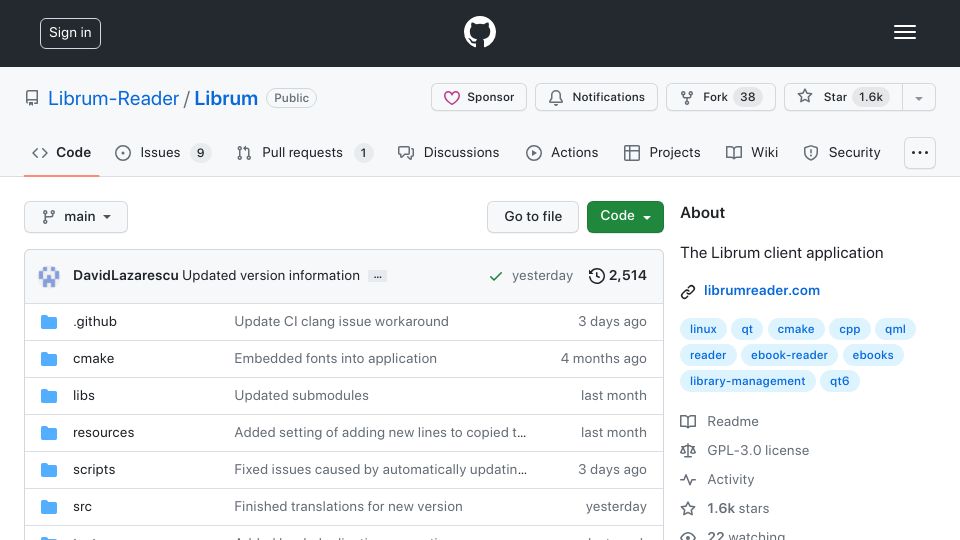 Screenshot of github.com: Librum: Open-Source e-book platform