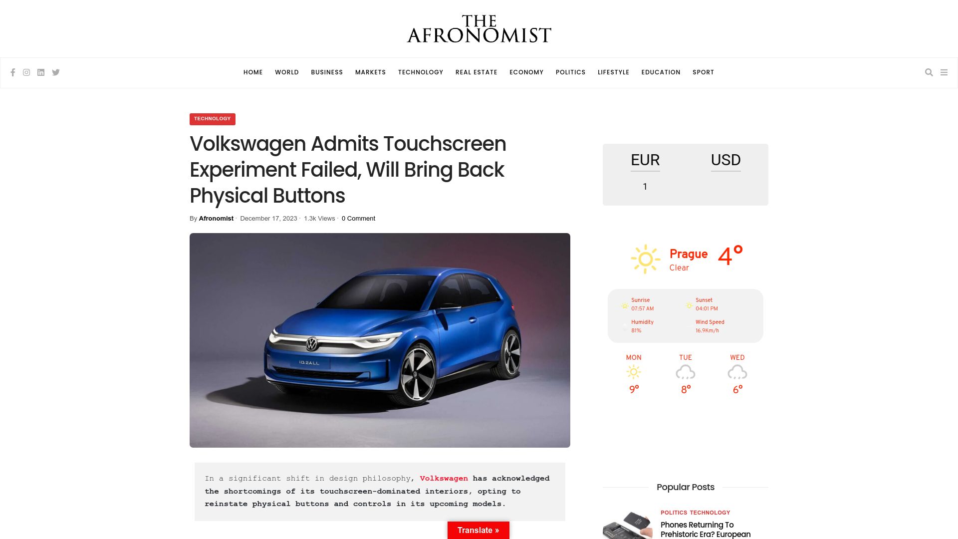 Screenshot of afronomist.com: Volkswagen Admits Failure, Will Bring Back Physical Buttons
