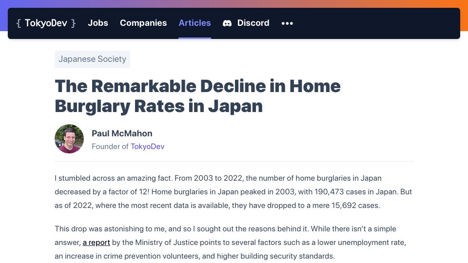 Screenshot of tokyodev.com: The Remarkable Decline in Home Burglary Rates in Japan