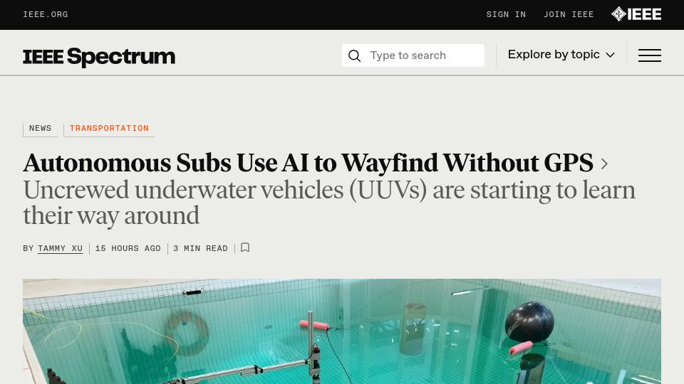 Screenshot of spectrum.ieee.org: Autonomous subs use AI to wayfind without GPS