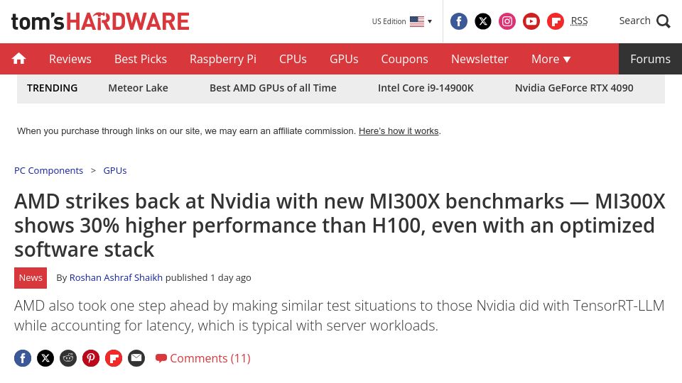 Screenshot of tomshardware.com: AMD MI300X 30% higher performance than Nvidia H100, even with optimized stack