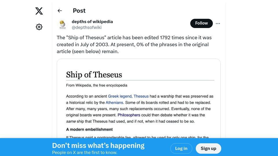 Screenshot of twitter.com: 0% of the phrases of the original Wikipedia "Ship of Theseus" article remain