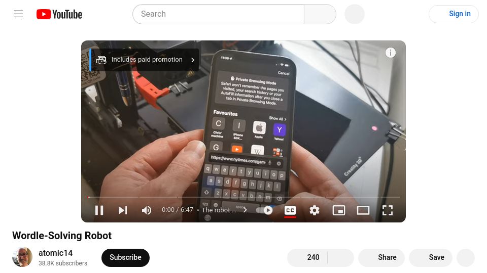 Screenshot of youtube.com: Wordle-Solving Robot (2022) [video]