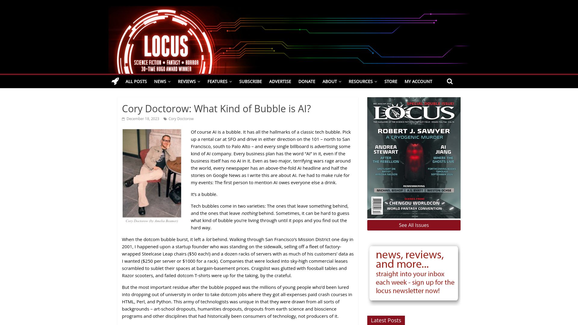Screenshot of locusmag.com: Cory Doctorow: What Kind of Bubble Is AI?