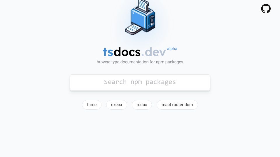 Screenshot of tsdocs.dev: Tsdocs.dev: Type docs for any JavaScript library