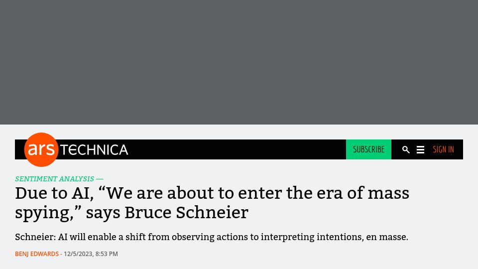Screenshot of arstechnica.com: Due to AI, "We are about to enter the era of mass spying," says Bruce Schneier