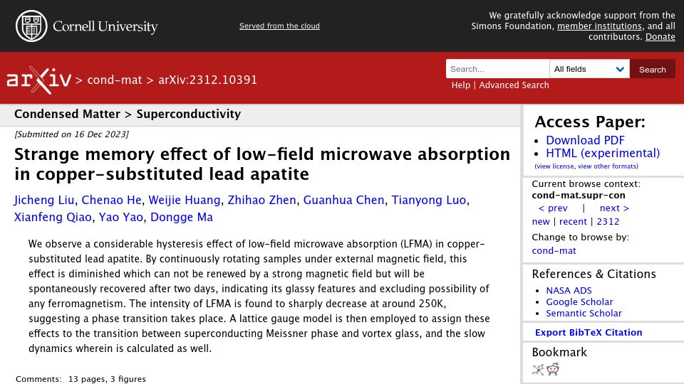 Screenshot of arxiv.org: The first experimental support for LK99-type superconductivity