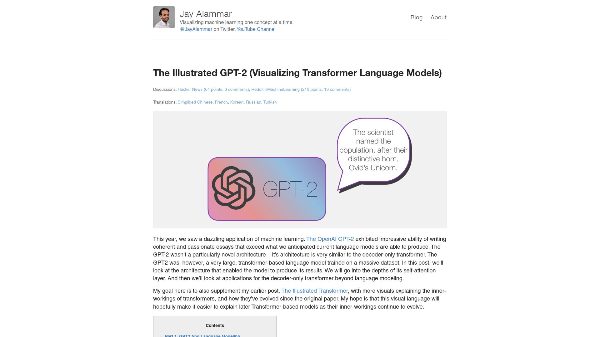 Screenshot of jalammar.github.io: The Illustrated GPT-2: Visualizing Transformer Language Models (2019)