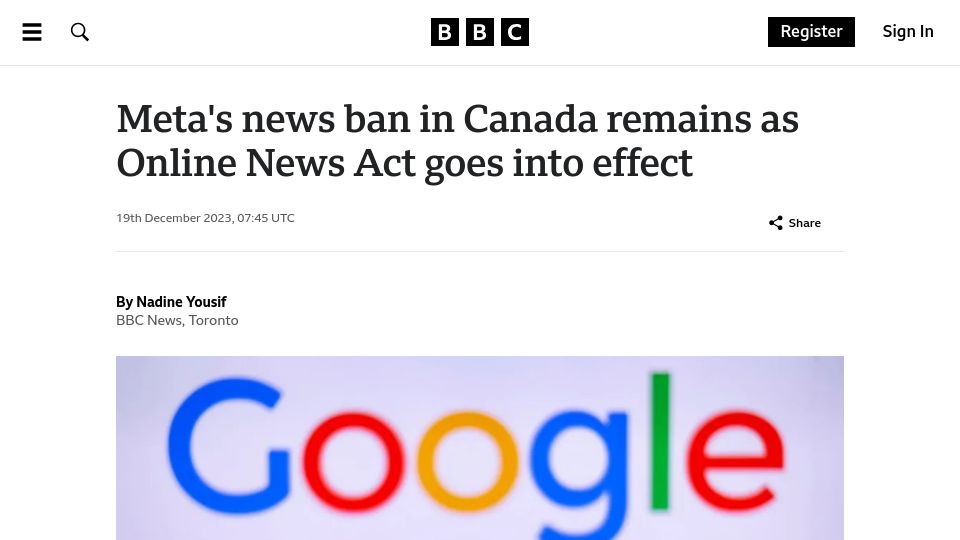 Screenshot of bbc.com: Meta's news ban in Canada remains as Online News Act goes into effect