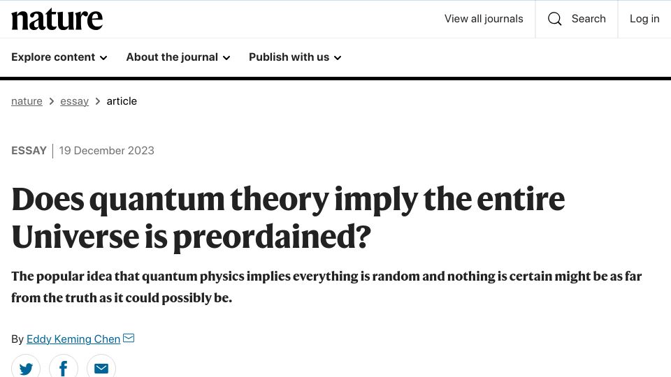 Screenshot of nature.com: Does quantum theory imply the universe is preordained?