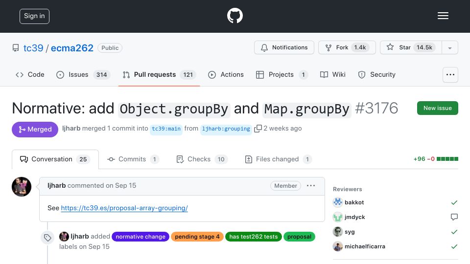 Screenshot of github.com: TC39: Add Object.groupBy and Map.groupBy