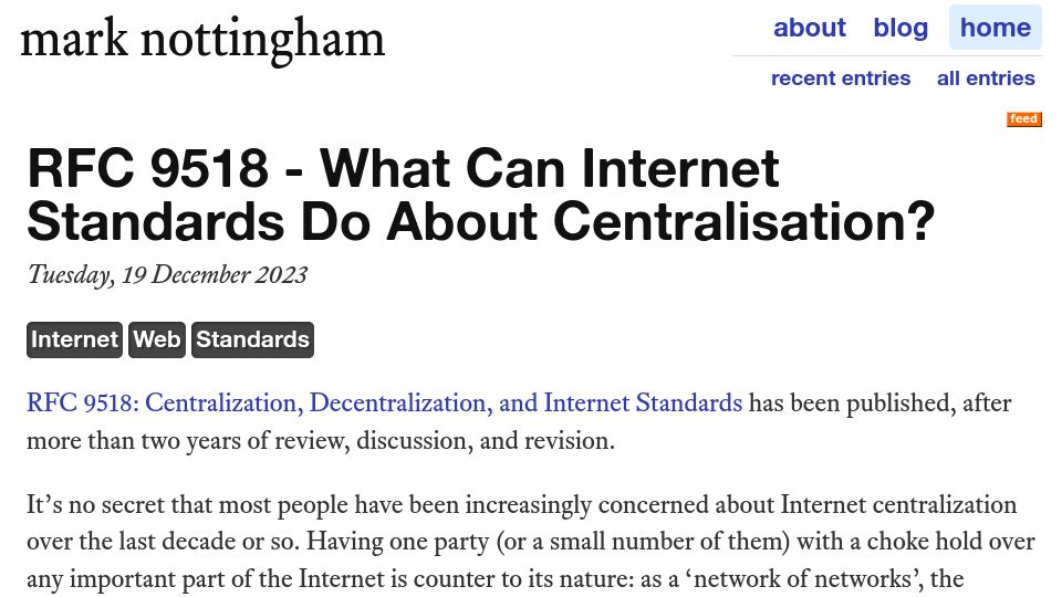 Screenshot of mnot.net: RFC 9518 – What can internet standards do about centralisation?