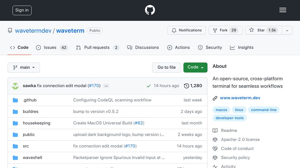 Screenshot of github.com: Show HN: Wave – Modern Open-Source Terminal (macOS and Linux)