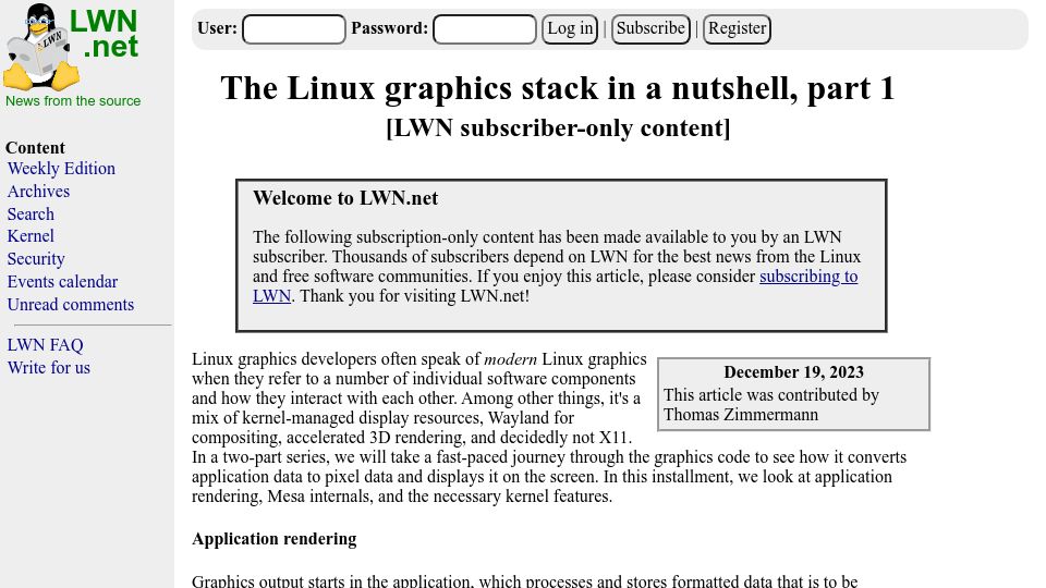 Screenshot of lwn.net: The Linux graphics stack in a nutshell