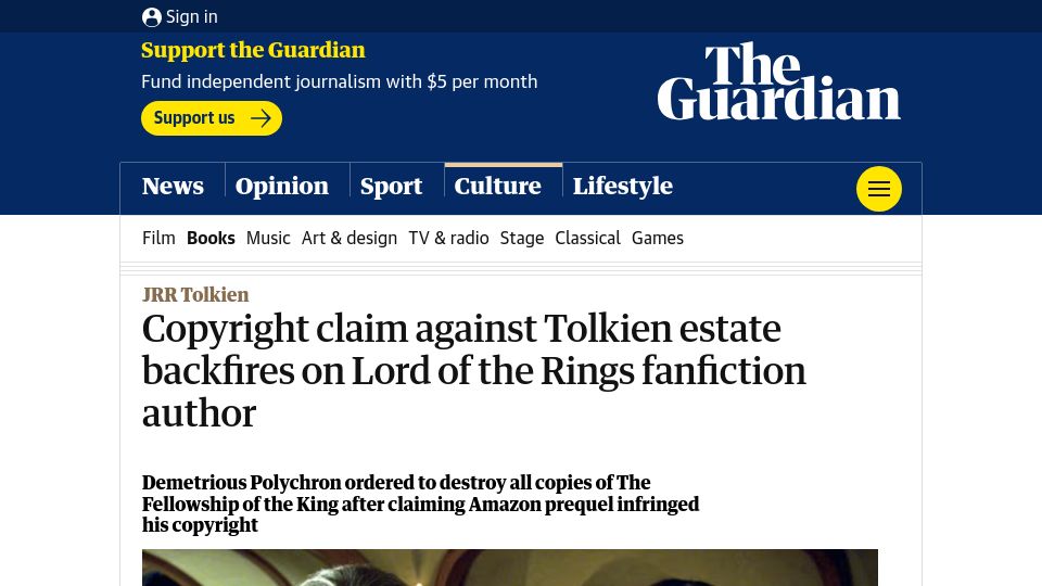 Screenshot of theguardian.com: Copyright claim against Tolkien estate backfires on LOTR fanfiction author