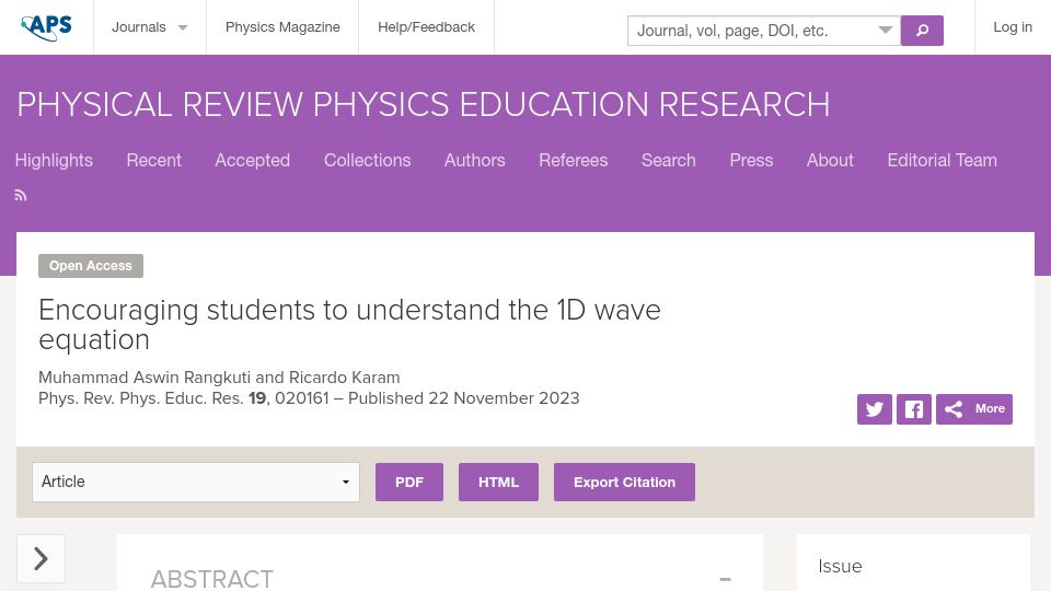 Screenshot of journals.aps.org: Encouraging students to understand the 1D wave equation
