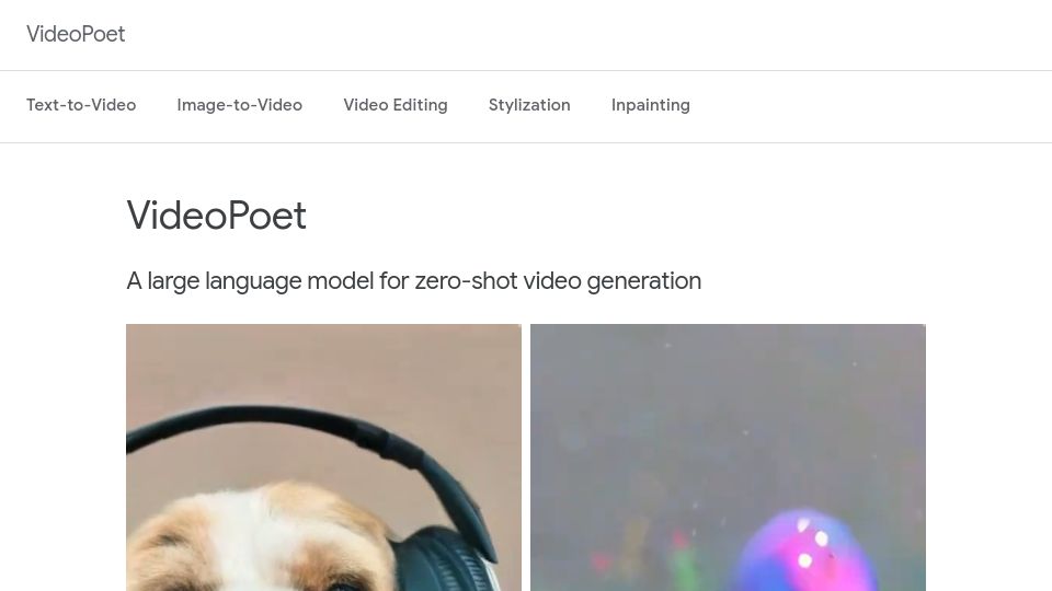 Screenshot of sites.research.google: VideoPoet A large language model for zero-shot video generation