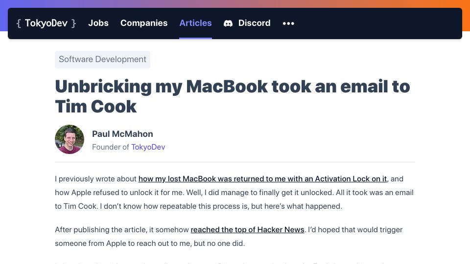 Screenshot of tokyodev.com: Unbricking my MacBook took an email to Tim Cook