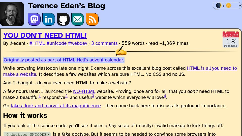 Screenshot of shkspr.mobi: You Don't Need HTML