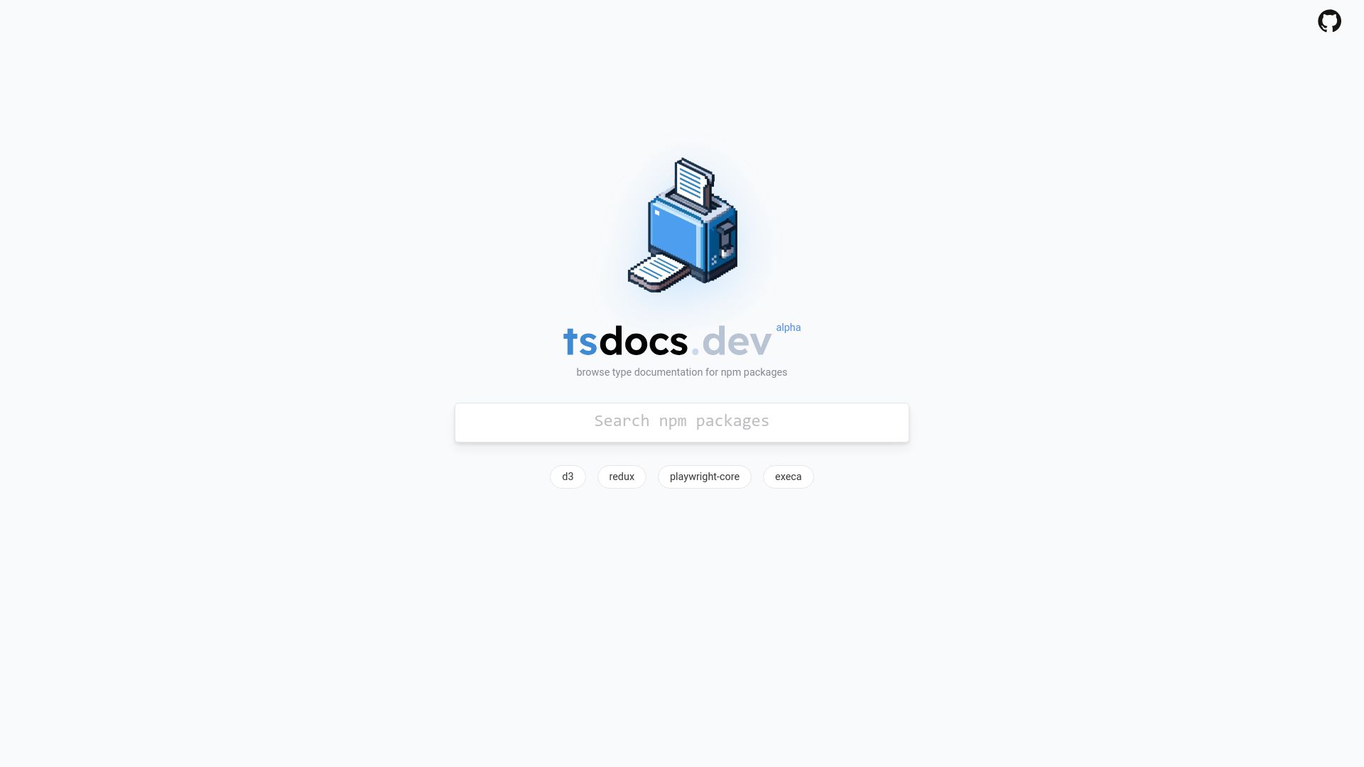Screenshot of tsdocs.dev: Tsdocs.dev: Type docs for any JavaScript library