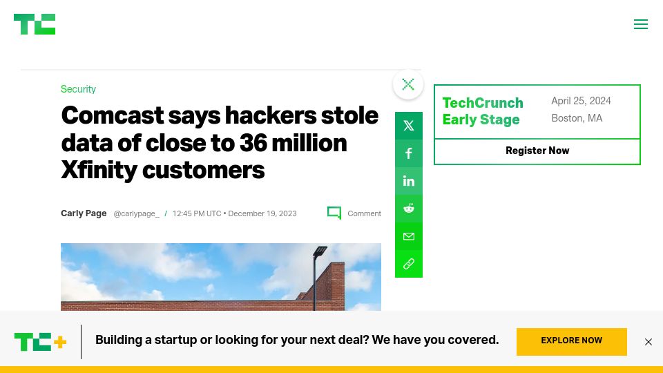 Screenshot of techcrunch.com: Comcast says hackers stole data of close to 36M Xfinity customers