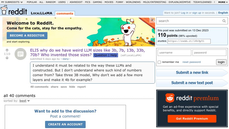 Screenshot of old.reddit.com: Why do we have weird LLM sizes like 3B, 7B, 13B, 33B, 70B? Who invented those?
