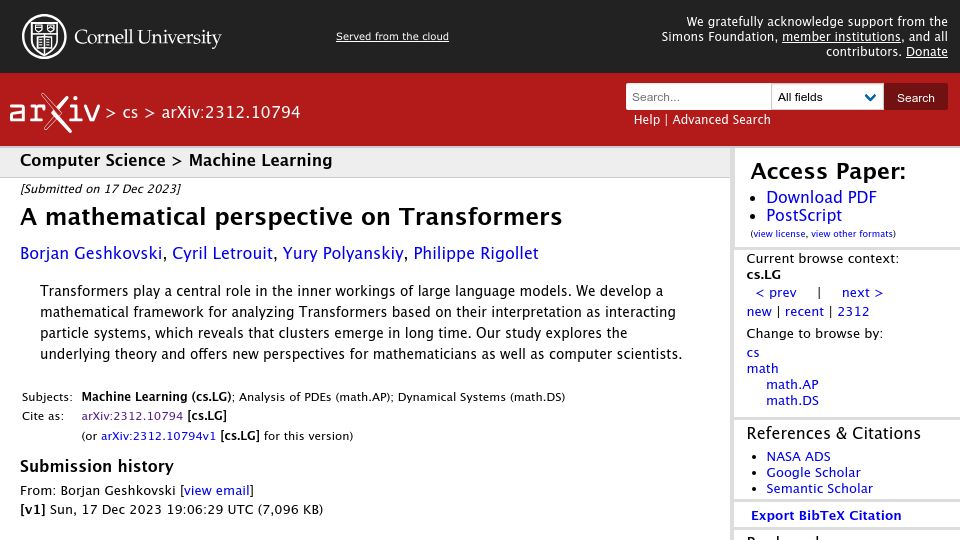 Screenshot of arxiv.org: A Mathematical Perspective on Transformers