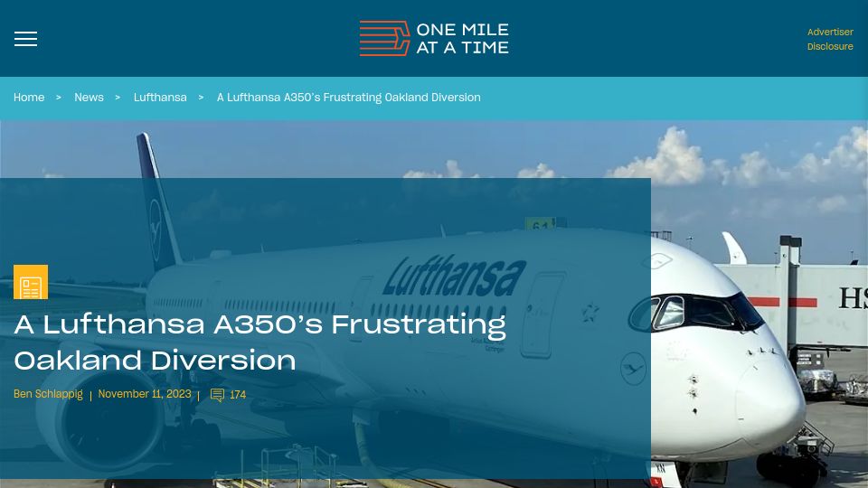 Screenshot of onemileatatime.com: A Lufthansa A350's frustrating Oakland diversion