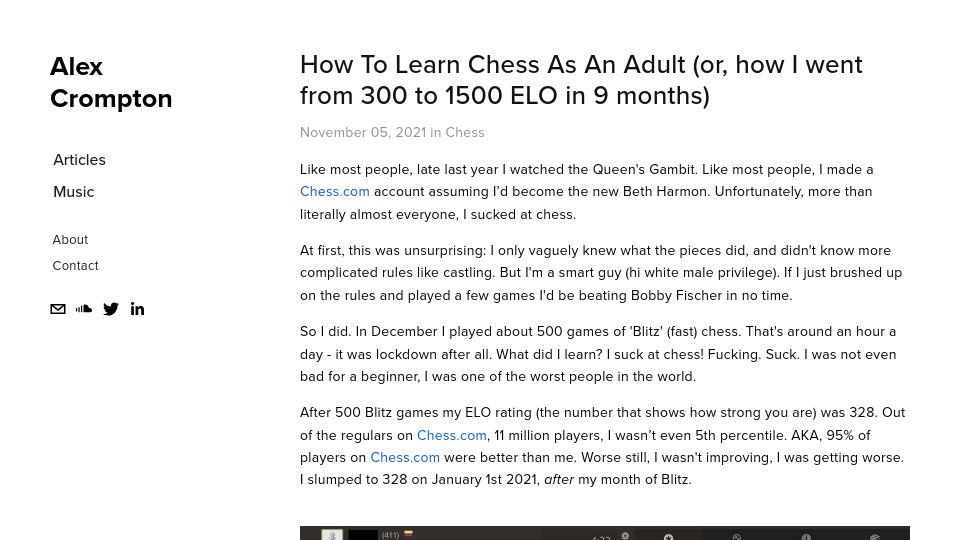 Screenshot of alexcrompton.com: How to learn chess as an adult (2021)