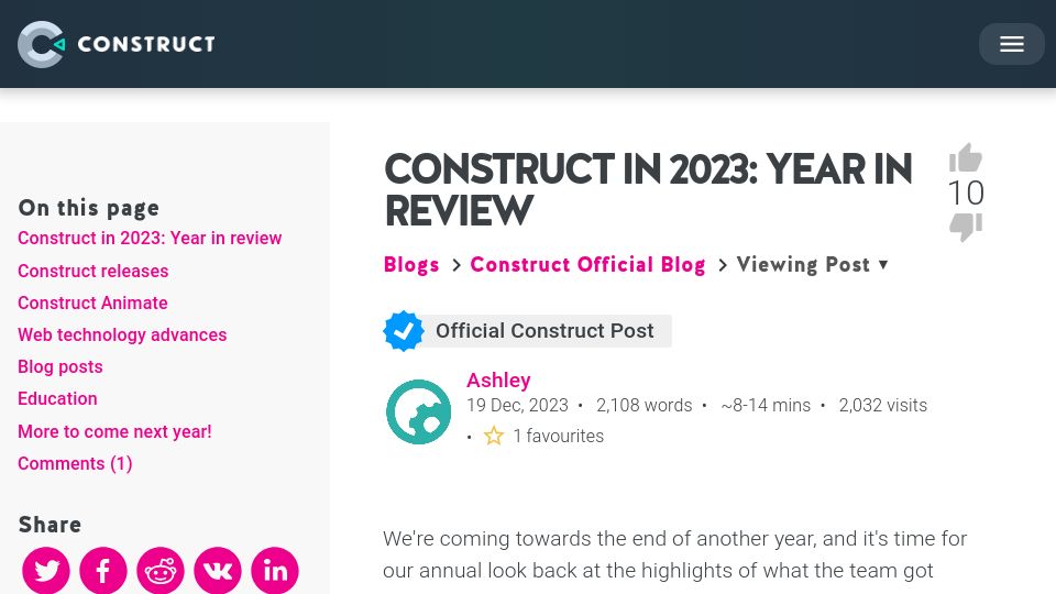 Screenshot of construct.net: Construct in 2023: Year in Review