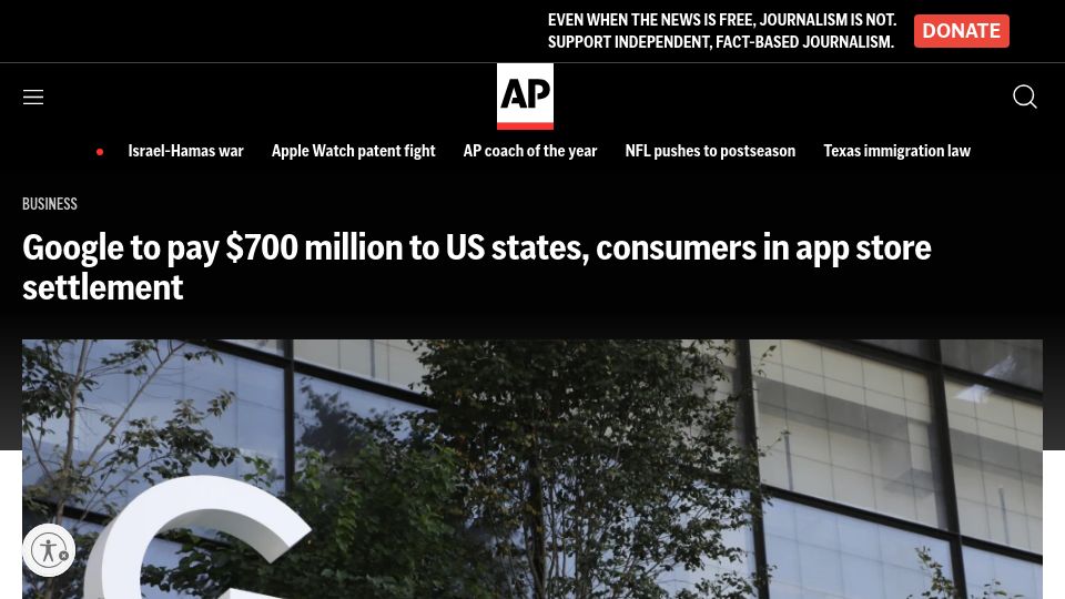 Screenshot of apnews.com: Google agrees to pay $700M in antitrust settlement reached with states
