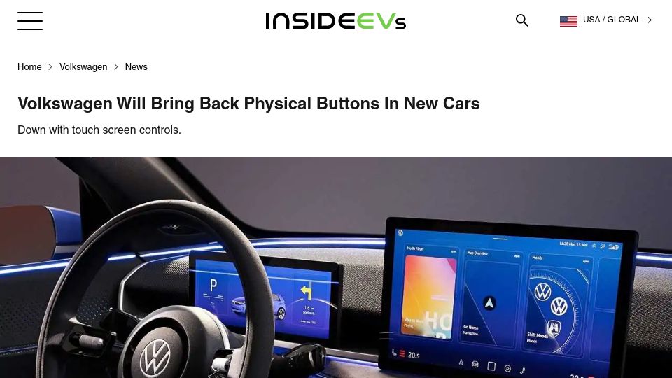 Screenshot of insideevs.com: Volkswagen Will Bring Back Physical Buttons in New Cars